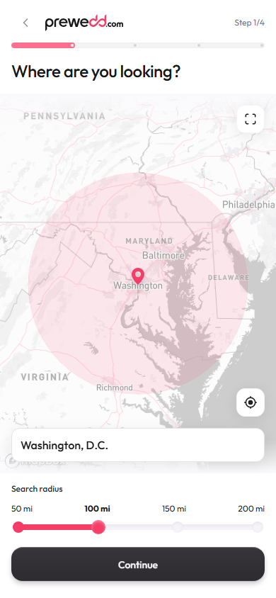 Quiz step 1: a map with a search radius around Washington, D.C.